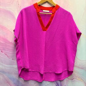 Karlie S Hot Pink Oversized V-neck Blouse Preppy Artsy Party Summer Beach Resort